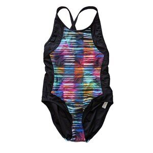 Athleta Rainbow Laser Stripe Black One Piece Swimsuit‎ Size L